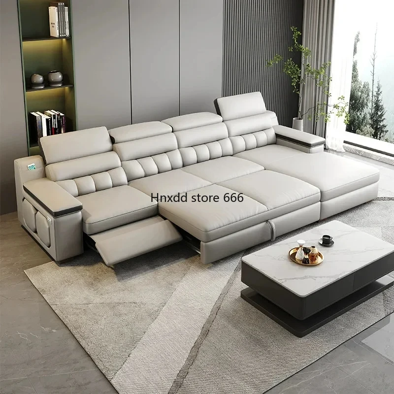 First Class Top Layer Leather Electric Multifunctional Retractable Sofa Bed Dual-Use Living Room Sofa