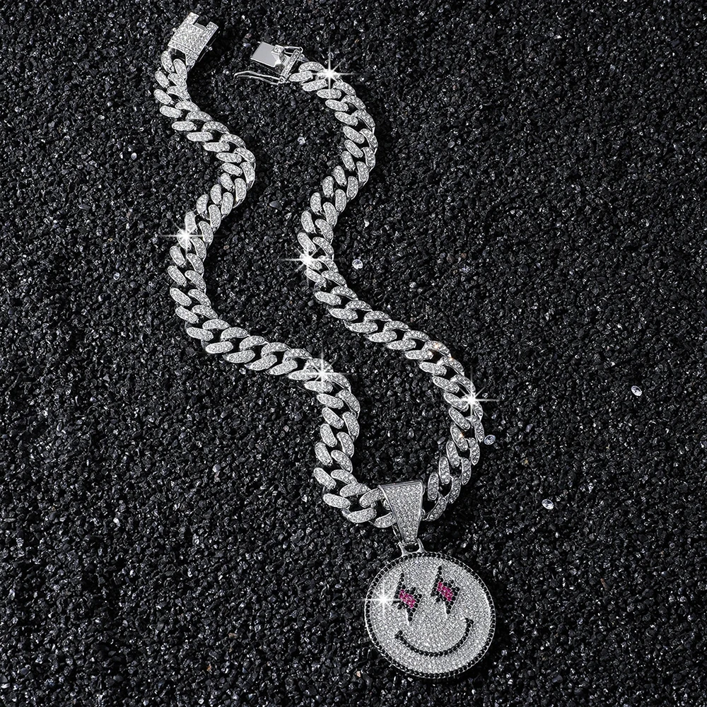 Hip Hop Smiley Face Lightning Eyes Round Pendant Cuban Chain Necklace Fashion Popular Daily And Party Wear Jewelry view 3