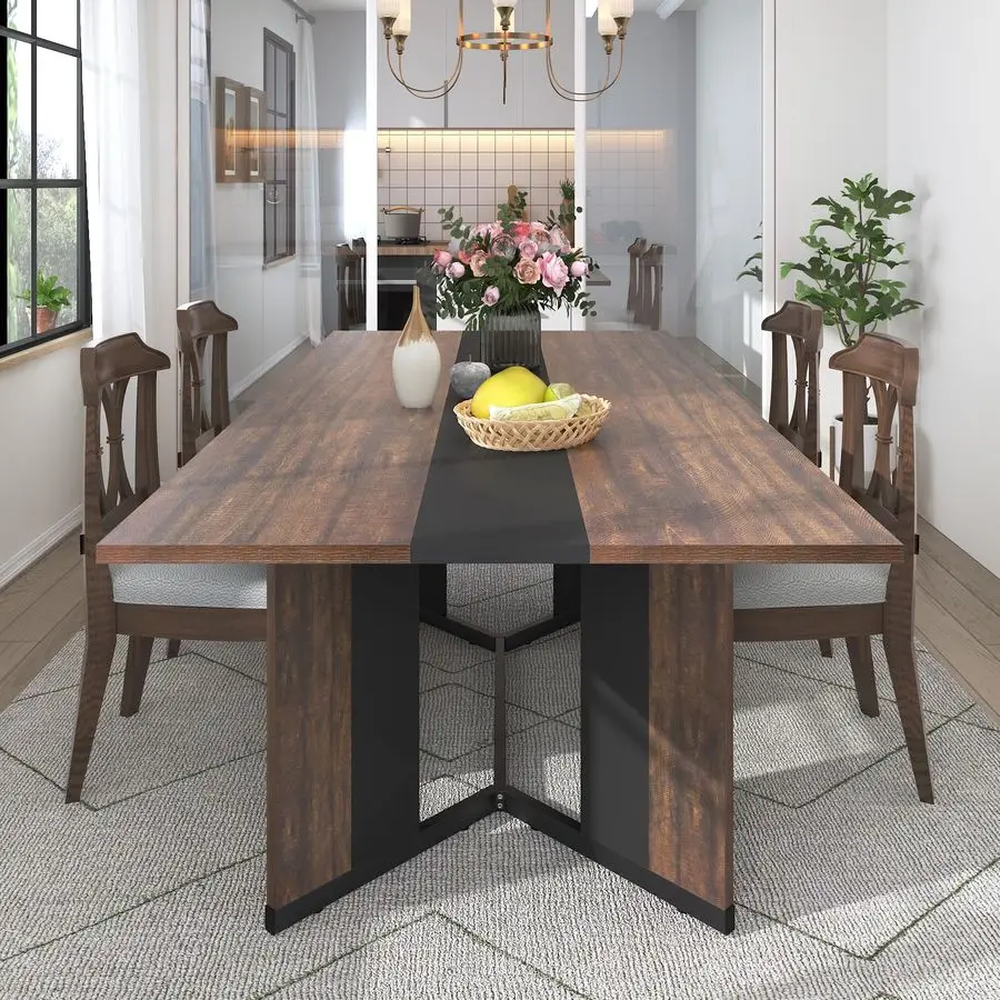 Dining Table for 6 People,Modern Brown Rectangular Kitchen Table W Waterproof Wood Tabletop,Farmhouse Long Dining Room Tables W