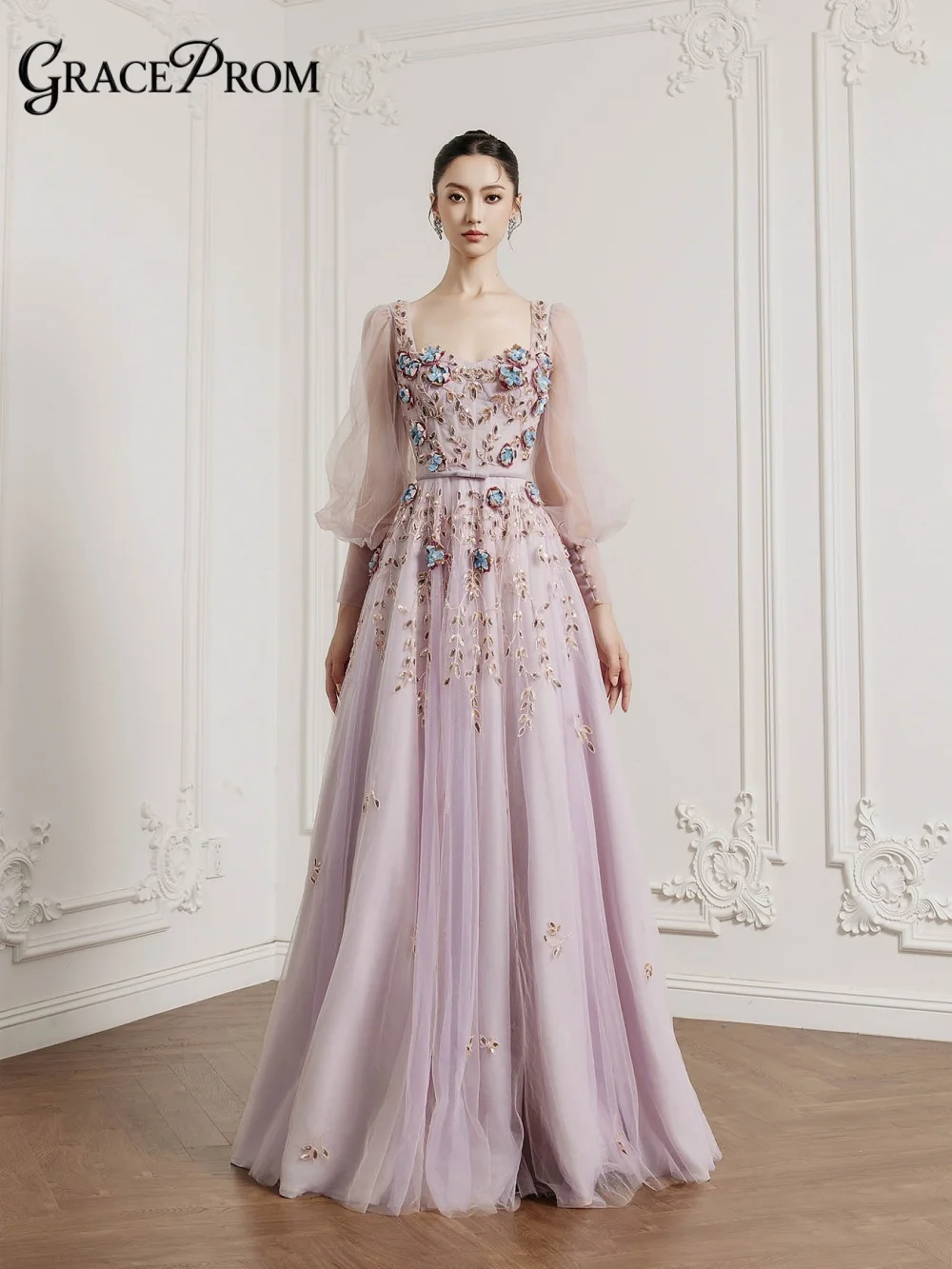 

Gorgeous Lavender Tulle Party Dress 2026 Floral Bodice Puffy Sleeves Flowing A Line Evening Gown For Wedding Guests فساتين سهرة