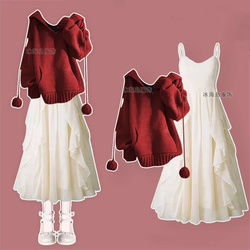 

Women's Winter New Fashion Knitted Sweater Coat+Sexy Strap Skirt Two Piece Suit Korean Elegant Vintage Hoodie Dress Matching Set