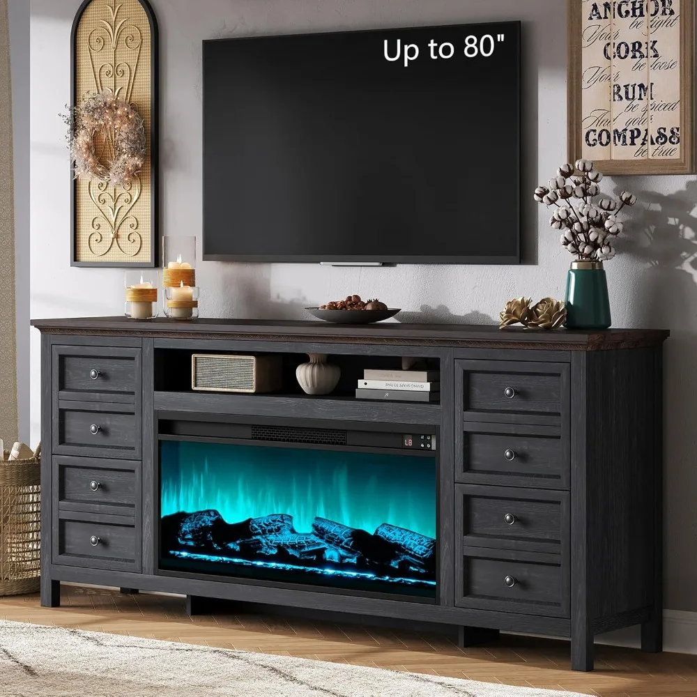 

70" Farmhouse TV Stand with 37" 7-Color Fireplace for 80" TVs - Dresser TV Stand w/Heater, 4 Storage Drawers