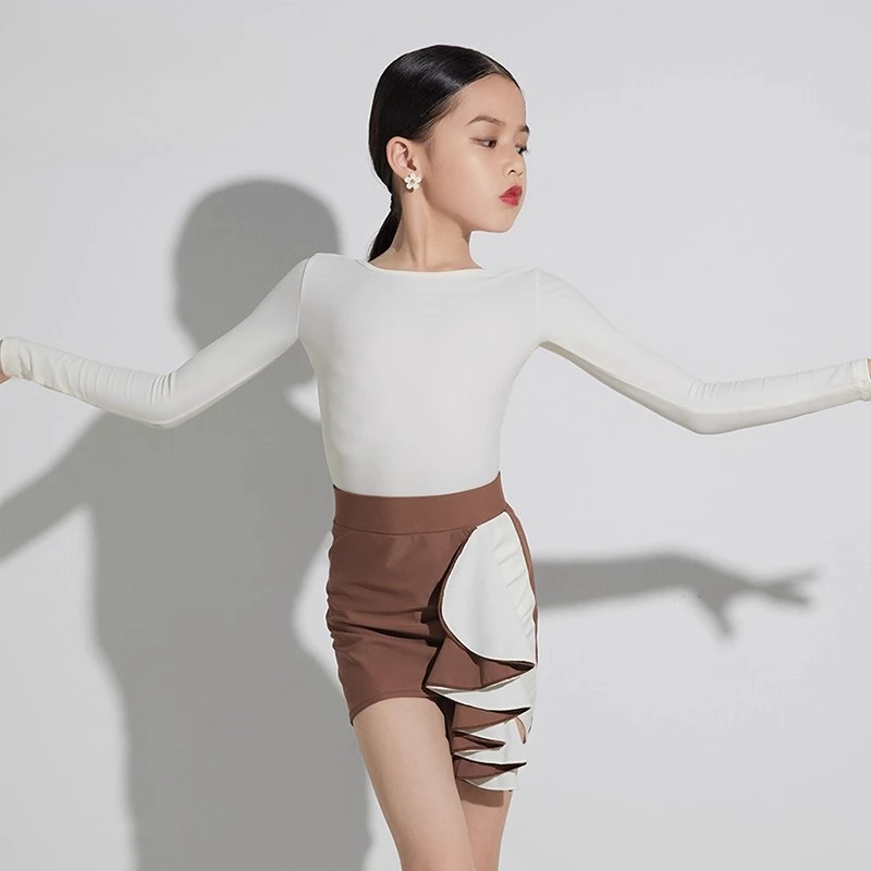 

Детский костюм для латинских танцев для девочек по индивидуальному заказу, юбка с рюшами, профессиональный комплект для выступлений, тренировочный наряд, платье с бахромой faldas