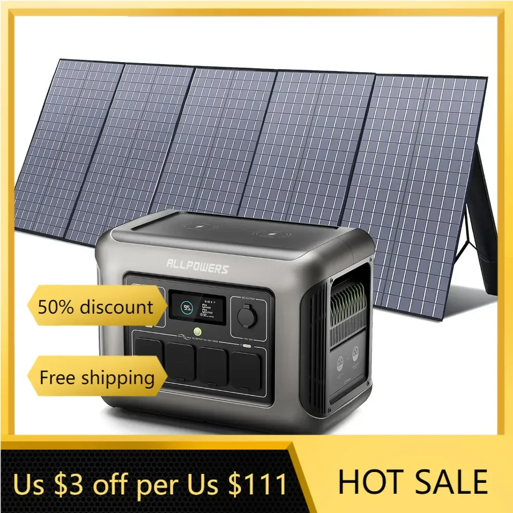 R1500 Portable Power Station with SP037 Solar Panel, 1800W 1152Wh LiFePO4 Solar Generator with 400W Panel Included,Fast Charging