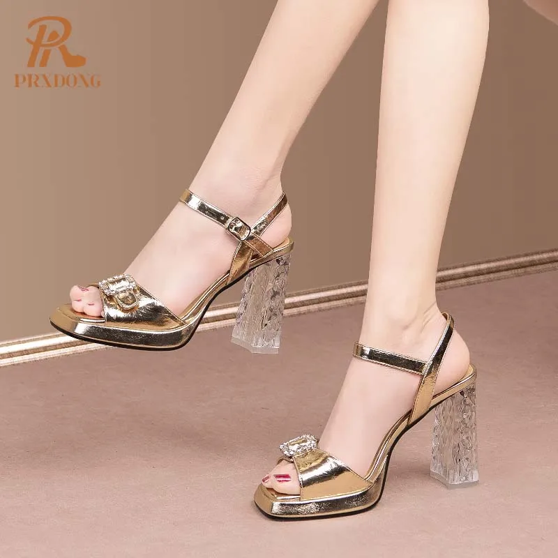 PRXDONG 2024 New Brand Genuine Leather SUmmer Women Sandals Chunky High Heels Platform Gold Silver Dress Party Wedding Shoes 39