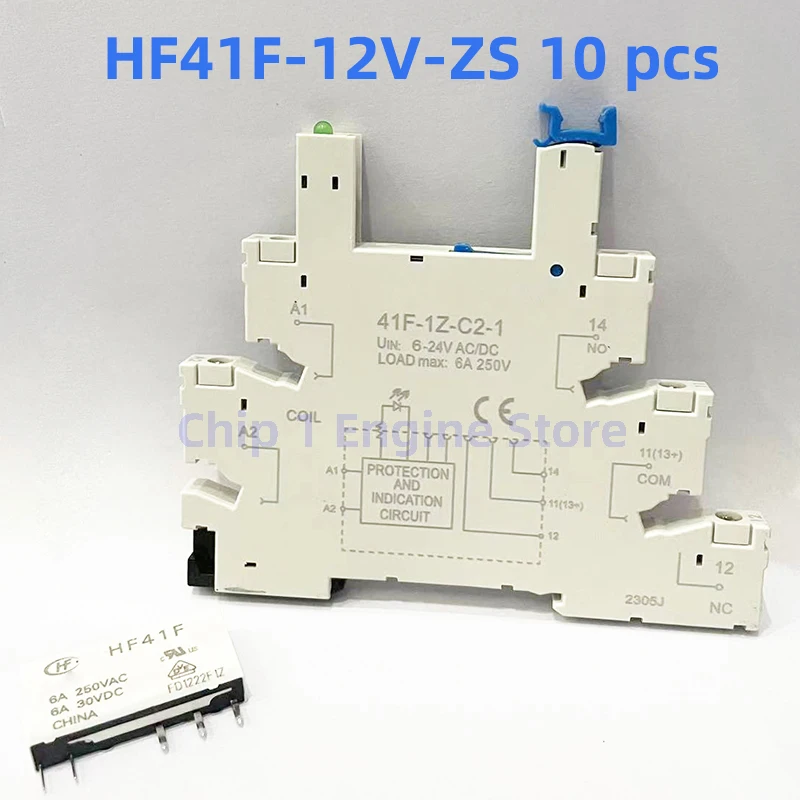 10 juegos de placa de cableado rápido HF41F 5-ZS 12-ZS 24-ZS 5V 12V 24V 41F-1Z-C2-1 6A 1CO Slim/SSR Relay Mount On Screw Socket, negro y rojo