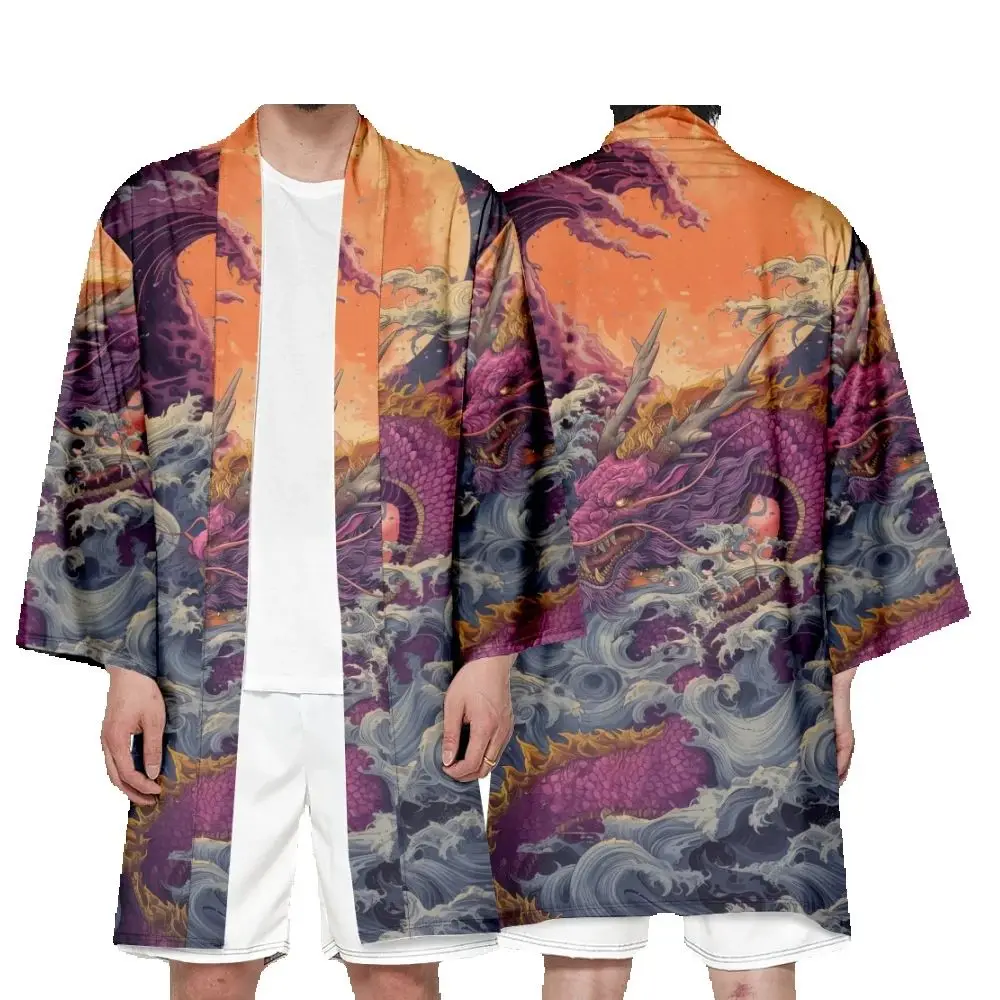 หลวมญี่ปุ่นยาวเสื้อสเวตเตอร์ถักผู้หญิงผู้ชายคอสเพลย์ Yukata เสื้อผ้า Harajuku Wave Dragon พิมพ์กิโมโน