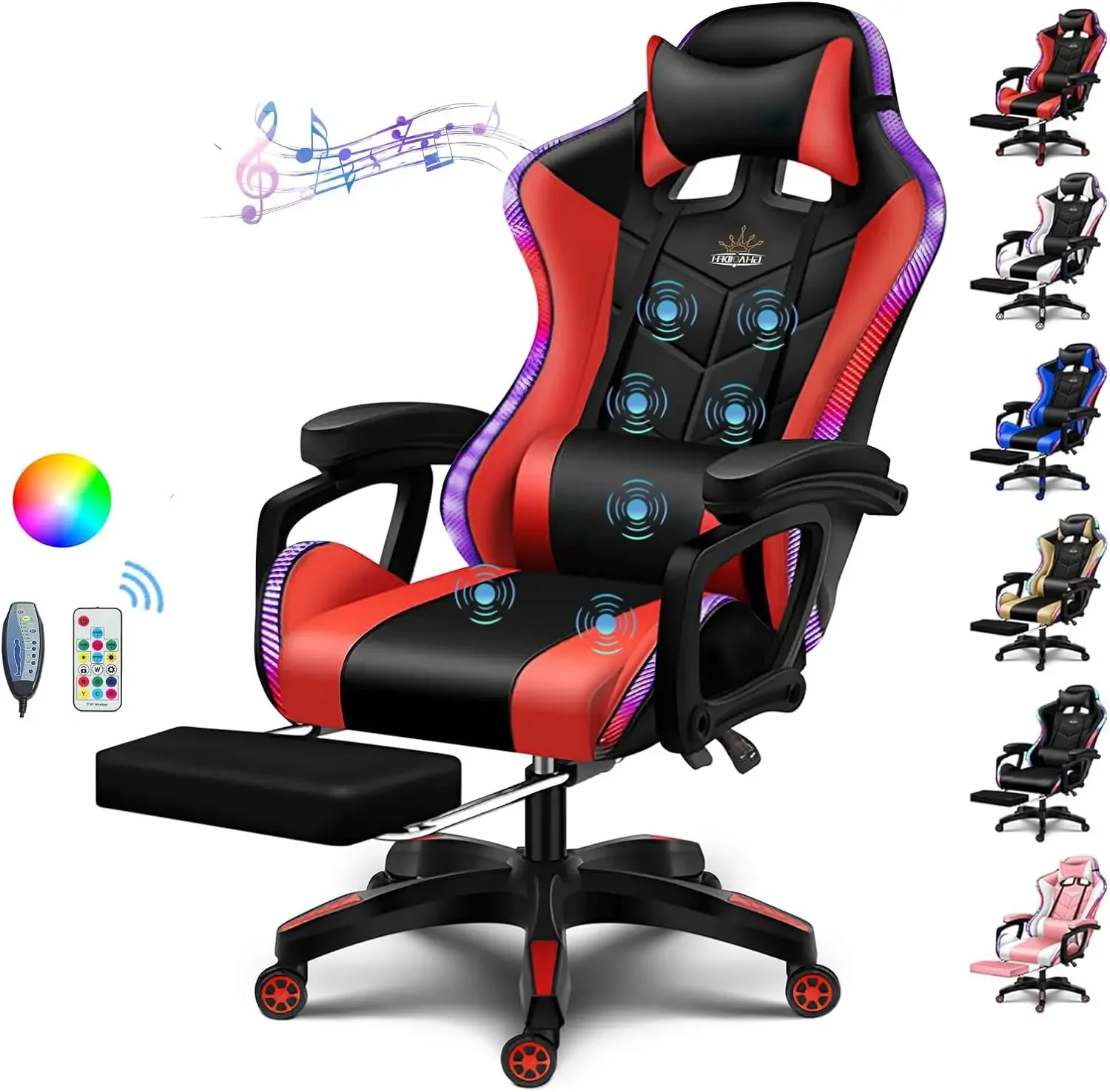 Gaming Chair with Speakers and RGB LED Light, 7 Points Massage Video Game Chair Adjustable with Headrest & Lumbar Support