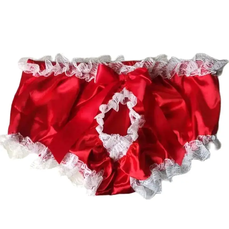 French Sexy Adult Customized Fetishist Crossdresser Sissy Red Satin Back Opening Elastic Belt Bow Embedding Accessories Triangle