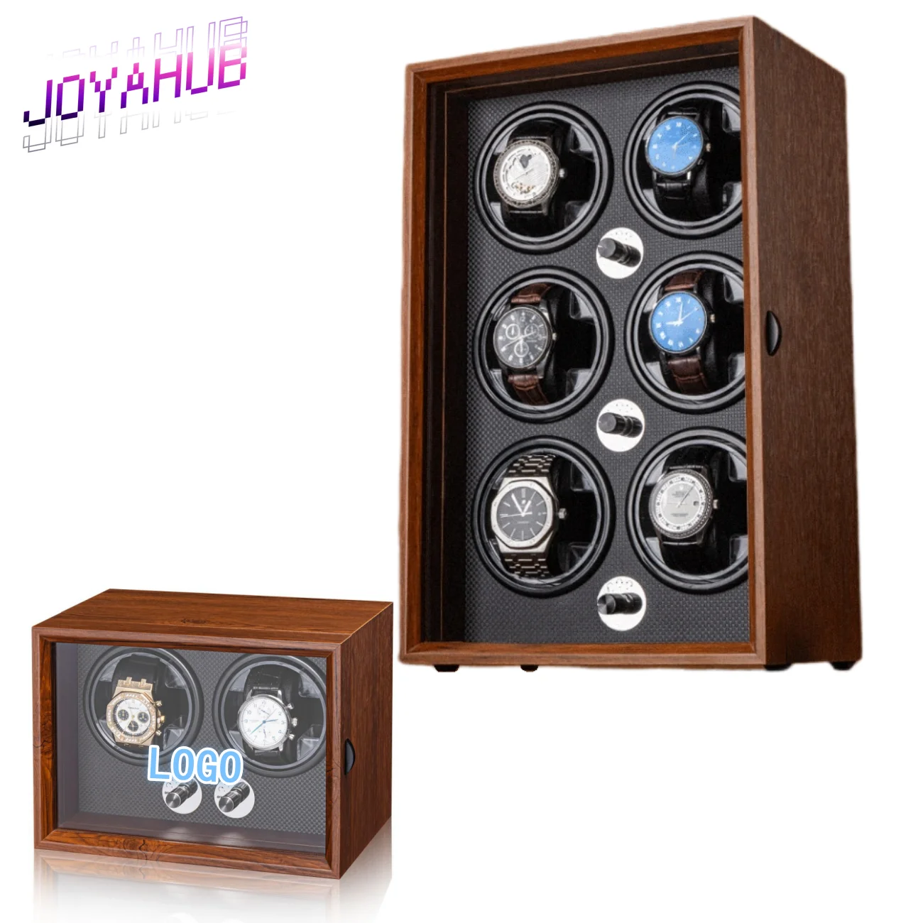 Custom Logo Premium Wood grain Watch Winder for Multi-Position Independent Rotators with Control Knobs Glass Front Display Case
