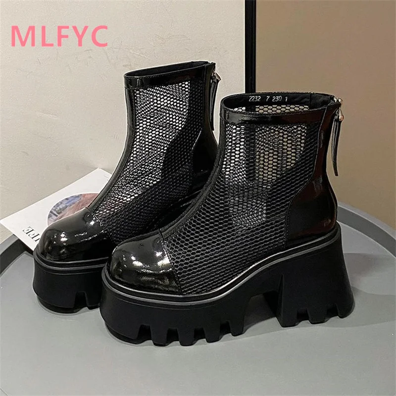 Summer Thin Women\'s Mesh Breathable Smoke Pipe Boots Thick Heel Elevated Hollow Mesh Boots ladies Simple Single Shoe