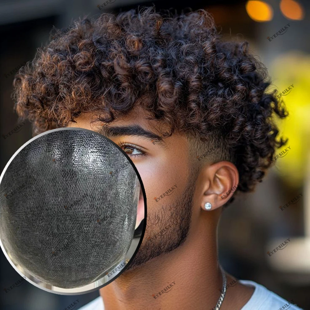 

Black Men Afro Curly Brown Human Hair Super Natural Full Skin Capillary Prosthesis 130% Density Fashion Men Curly Hair Proshesis