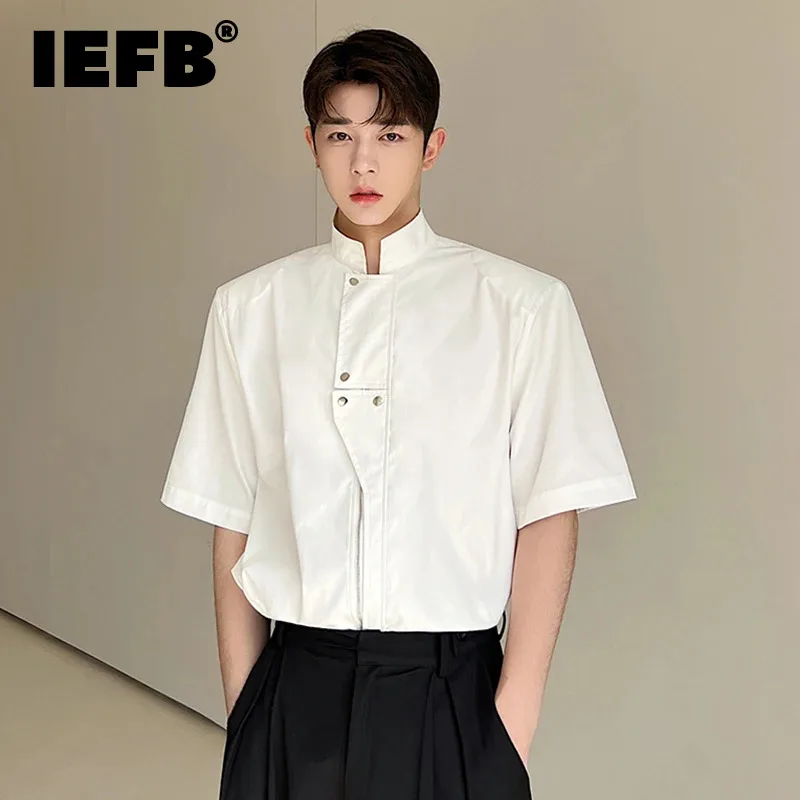 IEFB Casual Loose Men\'s Shirts Stand Collar Zipper Short Sleeve Male Tops New Fashion 2024 Summer Solid Color Top Trend 9C6081