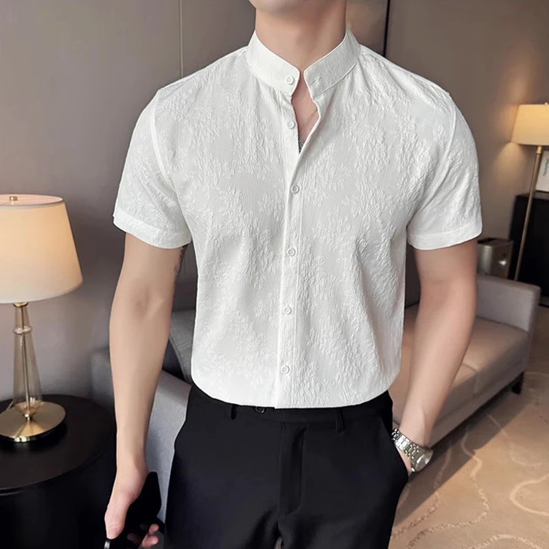 

Luxury Brand Men Floral Shirt Short Sleeved Korean Fashion Slim Fit Camisas De Hombre Summer Flower Jacquard Casual Mens Shirts