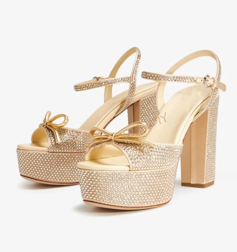 Metallic Gold Leather Bow Detail Platform Gold Satin High Block Heel Slim Ankle Strap Sandals Women High Heel Summer Shoes