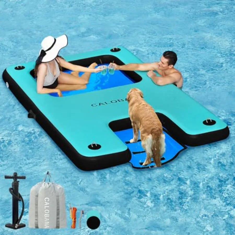 

Надувной плавучий док-платформа с пандусом для лодки для использования на озере, реке, море, сетчатый шезлонг-гамак для загара, водный гамак, синий, прочный и вместительный