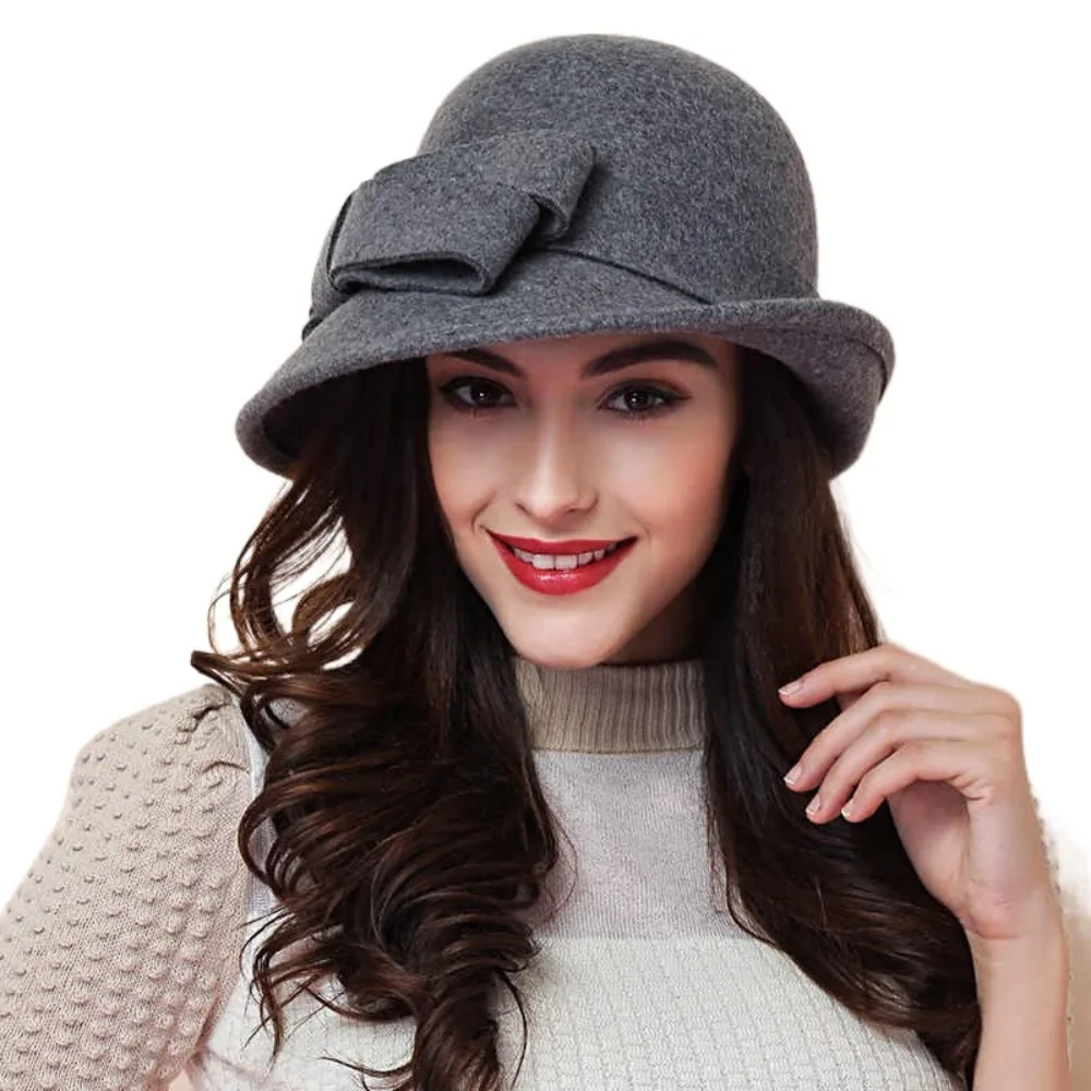 Sombrero de pescador de fieltro de lana de estilo Vintage, diseño clásico, forma elegante, sombrero Fedora Vintage con decoración de lazo, sombrero de bombín femenino