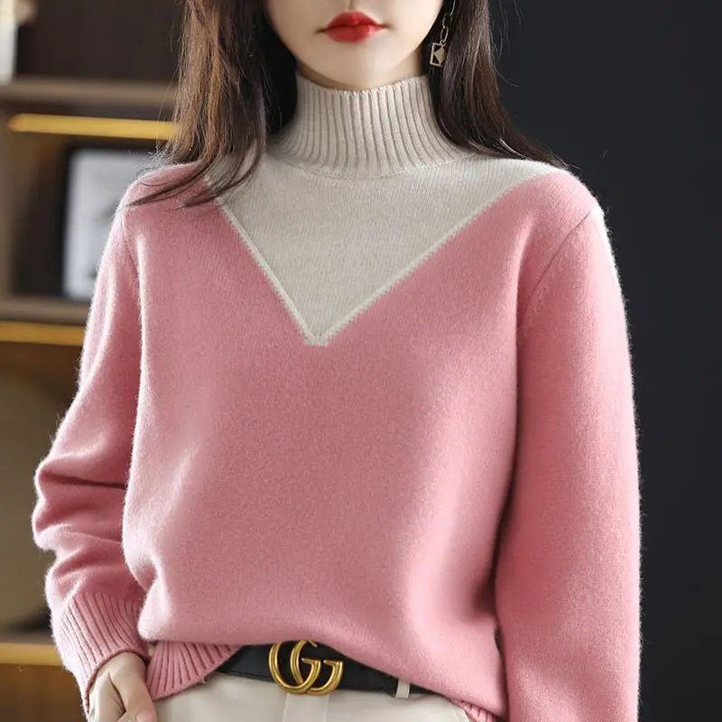 Fashion Vintage Women Warm Turtleneck Wool Sweater Autumn Winter Contrast Korean Clothing Slim Patchwork Long Sleeve Pullovers