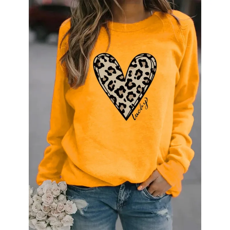 

Valentine's Day Leopard Print Love Crew-Neck Long-Sleeved Fleece Hoodie Sweatshirt Casual Gift for Men Women