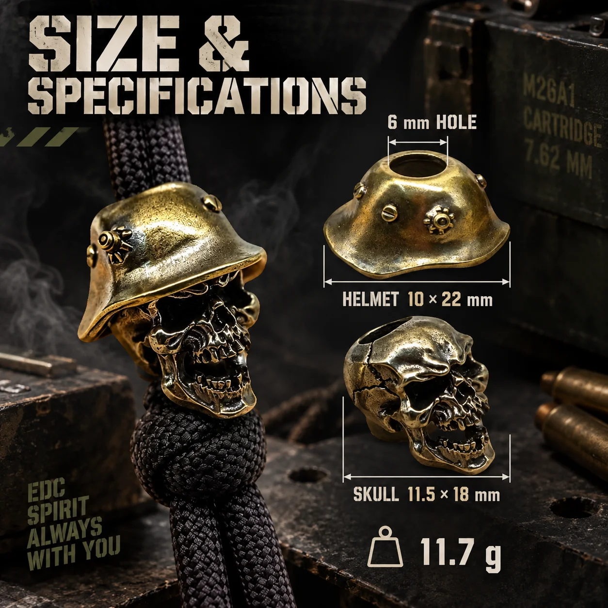 Skull Soldier Bullet Helmet Brass Paracord Beads Knife Beads EDC Outdoor Punk DIY Bracelets Woven Lanyard Pendants Accessories