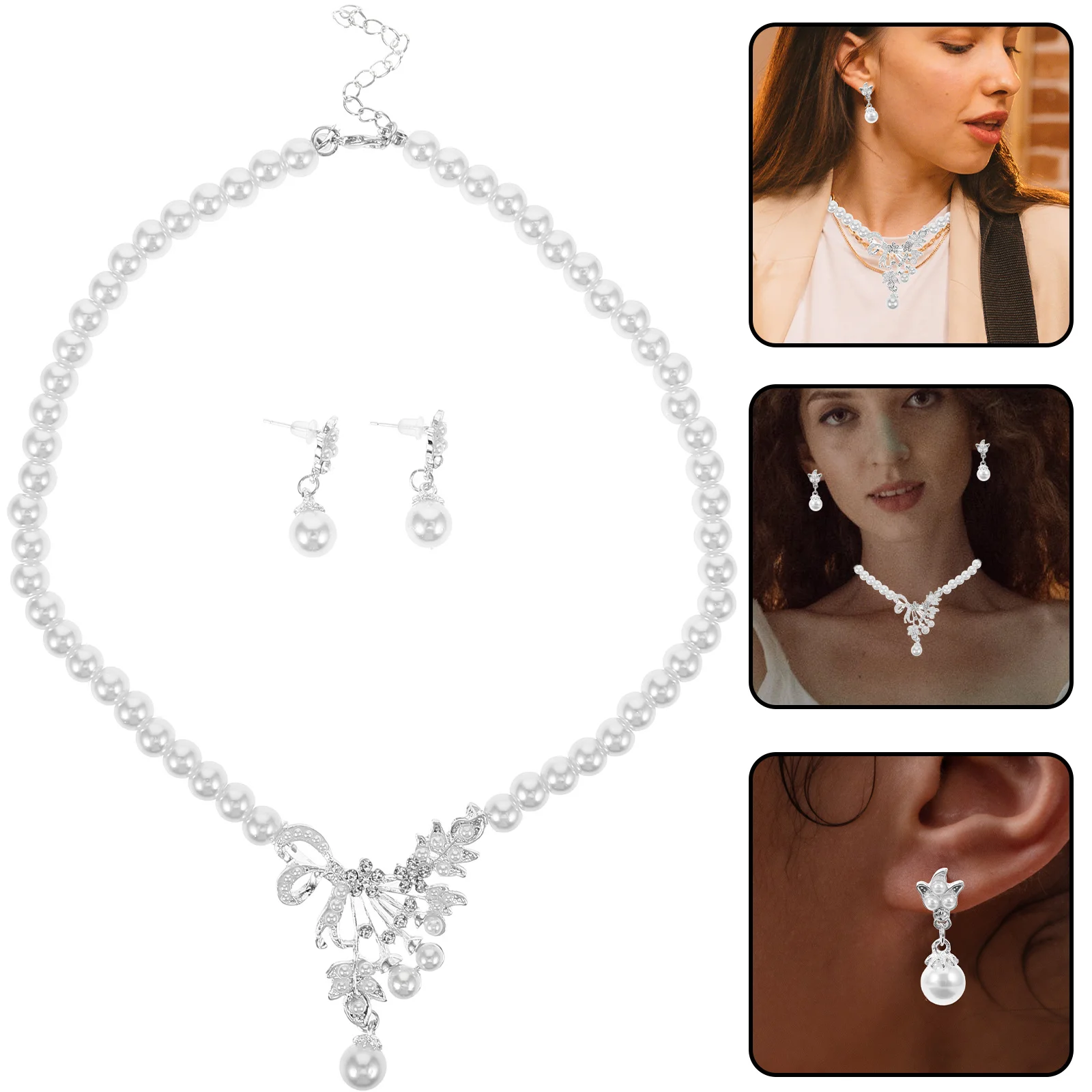 

1Set Pearl Rhinestone Earrings Necklace Wedding Bride Danglers Neck Pendant Stylish Delicate Fashion Bridal Party Accessories