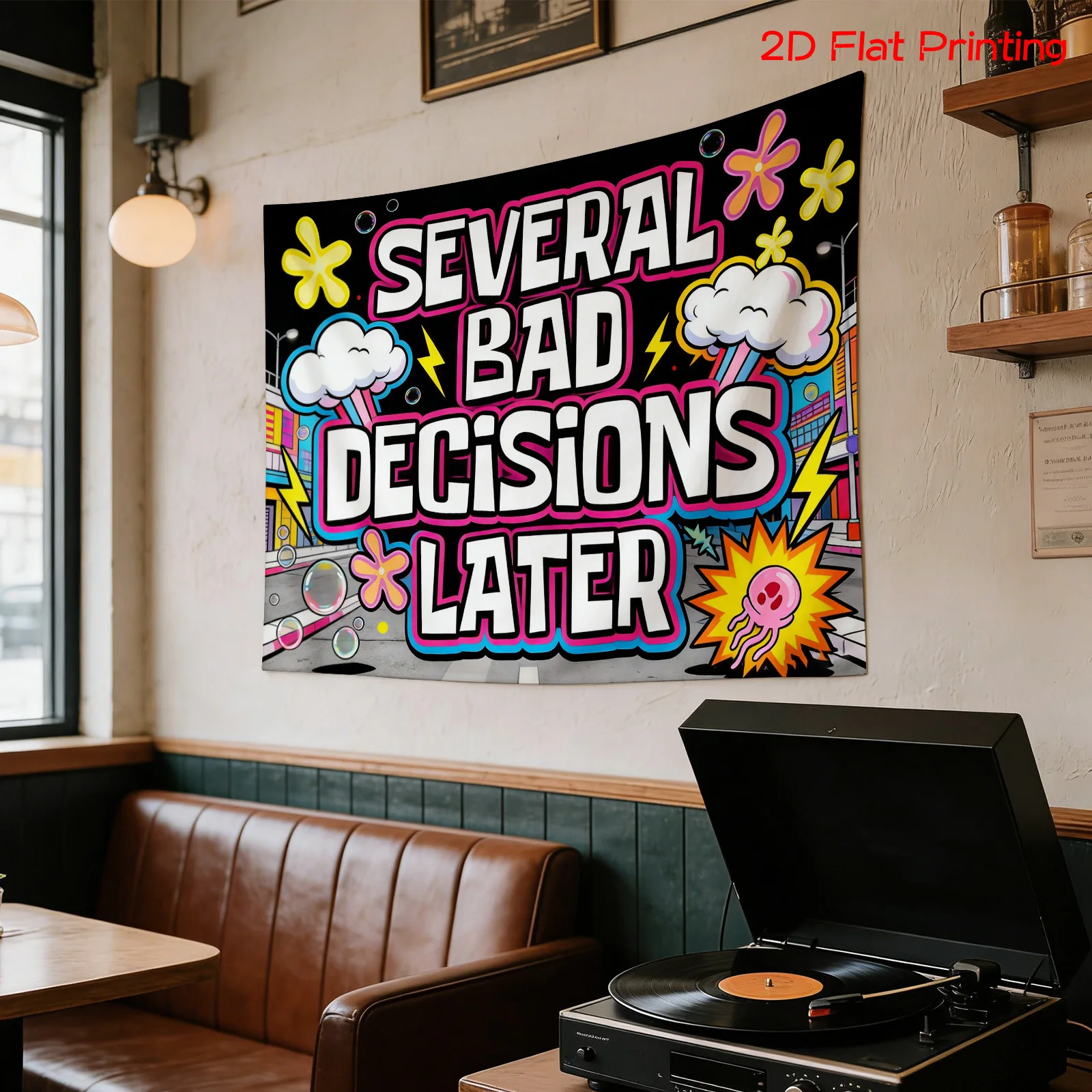 VIKAMA Funny Quote Tapestry, Several Bad Decisions Graffiti Wall Hanging, Neon Room Decor for Dorm Bedroom Party