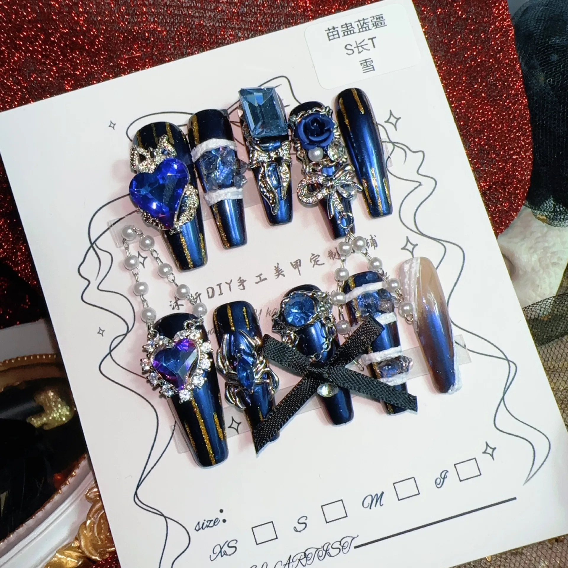 

Heavy Duty Press On Nails Blue Diamond Rose Bow Hand Inlaid Long Lasting Easy to Apply Great for Beginners Luxury Looks High End