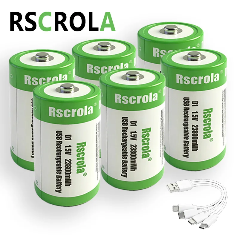 RSCROLA 1.5V 23800mWh USB Rechargeable D Size Battery LR20 D Cell Lithium Battery for Gas Cooker Water Heater Flashlight Radios