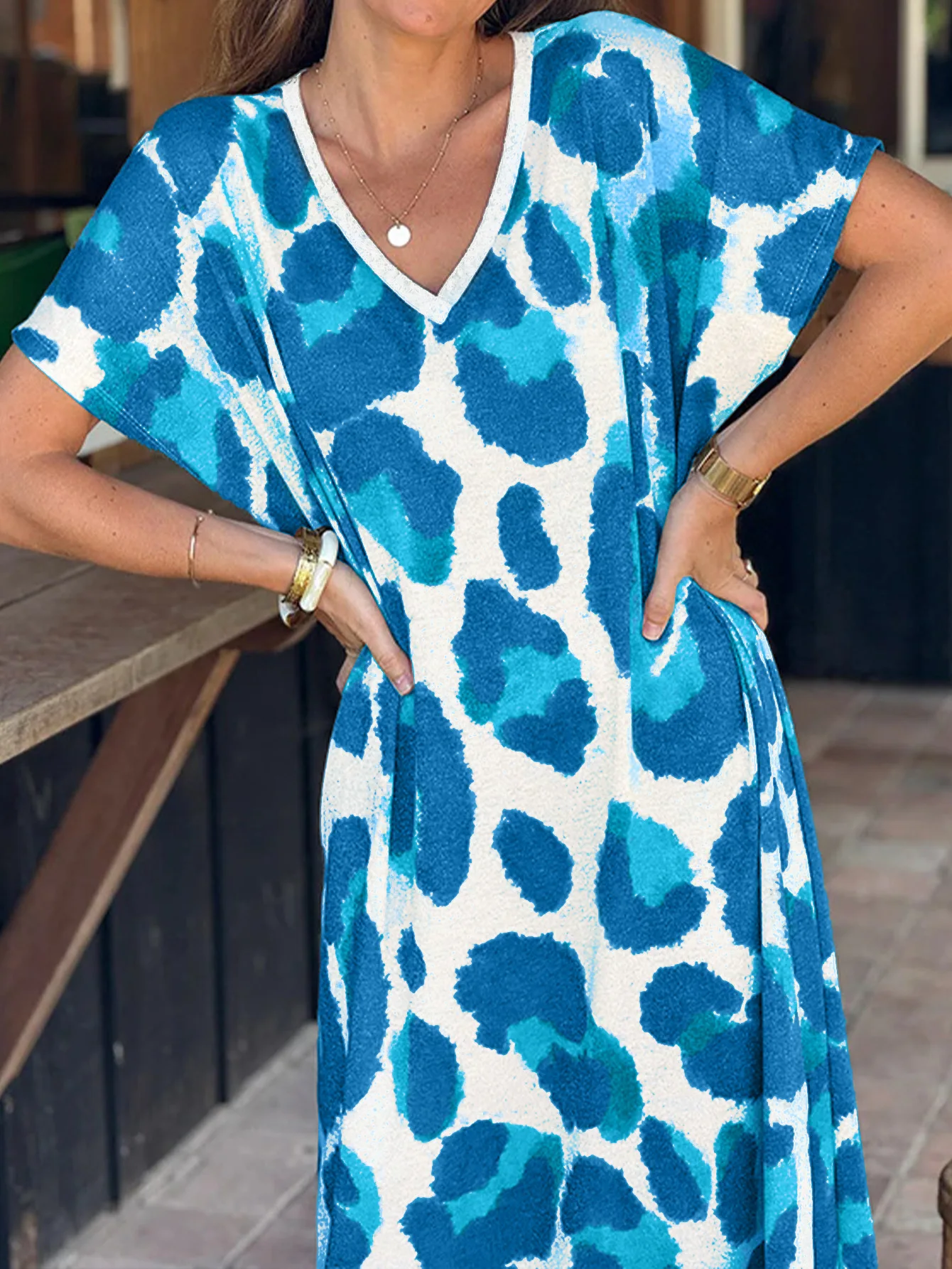 

Womens Plus Size Blue Abstract Print V Neck Short Sleeve Loose Fit Maxi Dress Summer Beach Vacation Casual Wear