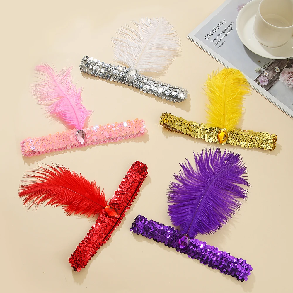 1920s Flapper Headband Feather Headpiece Sequin Headband with Gem for Gatsby Party Halloween Costume Accessory - view 4