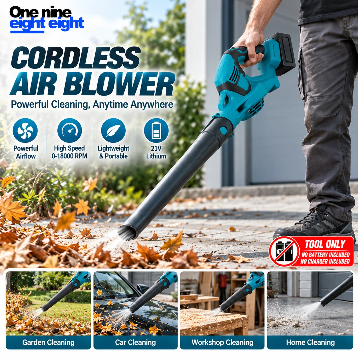 One Nine Eight Eight Cordless Electric Blower 21V High Air Volume Powerful Dust Cleaning Portable Air Blower Tool Only for Car W