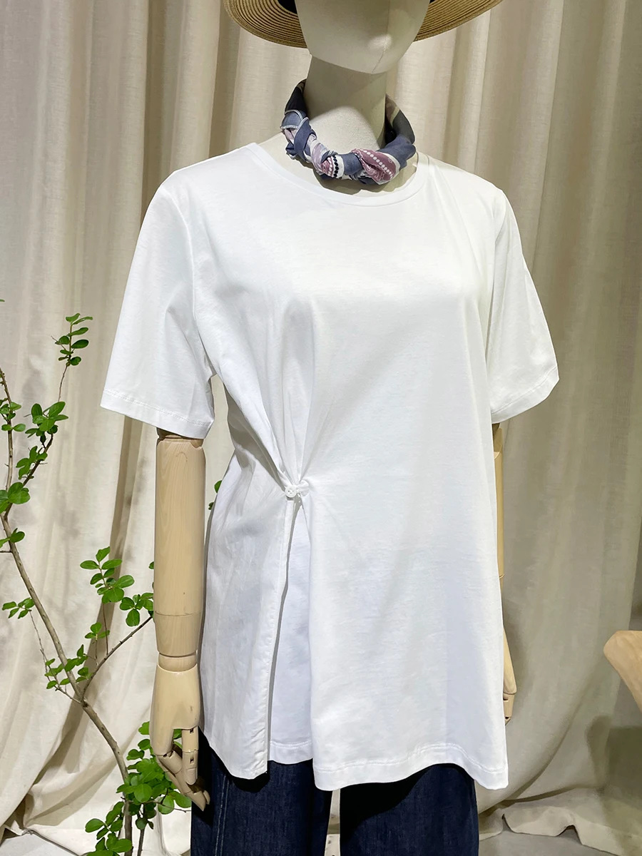 

Summer White Pure Cotton round Ne ort Sve T-irt Women Commute Artistic Splice Design Y2W0T286 Casual Loose Fit