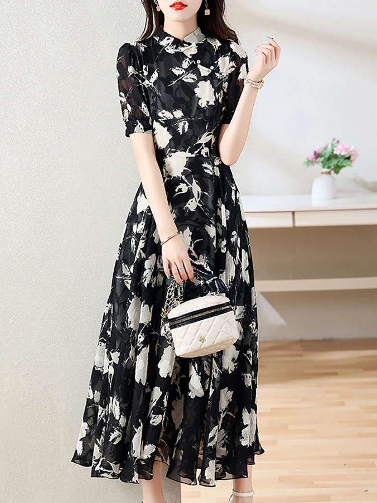 Imagem -03 - Vestido Maxi Floral Preto de Chiffon Feminino Bodycon Casual Coreano Vintage Elegante Festa Luxo Noite Midi Verão 2023