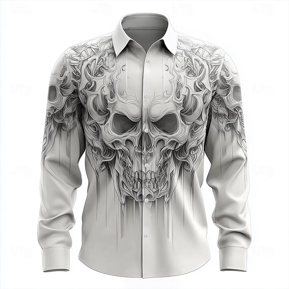 New Men's Baroque Halloween Full Sleeve Shirt Flower Skull 3D Print Shirt Men/Women Fashion White Shirts European American Style