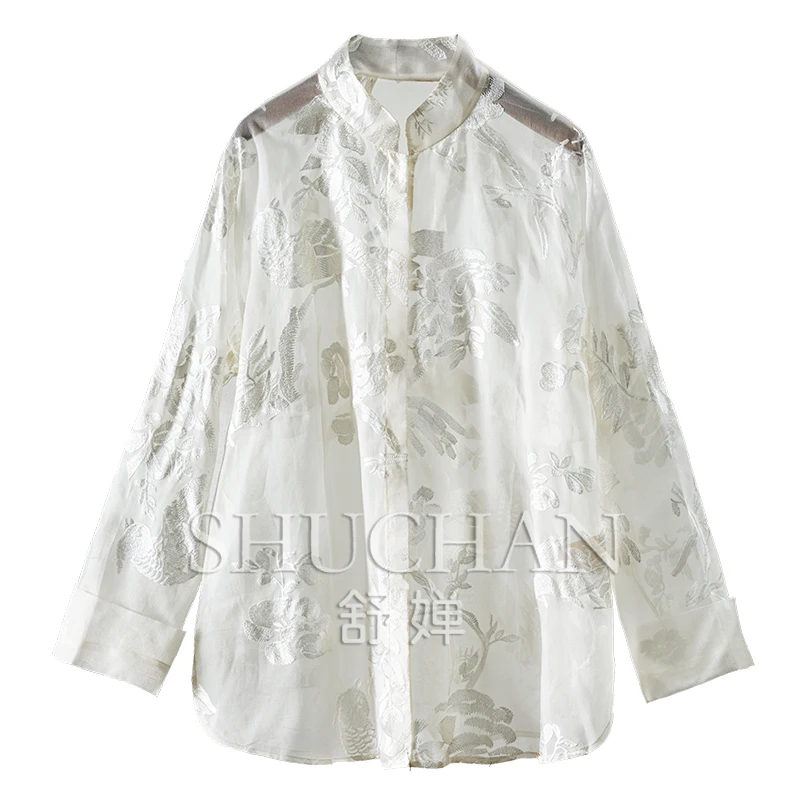 Light and Slightly Transparent Silk Organza Embroidered Sunshade Shirt Women Summer 2025 See Though