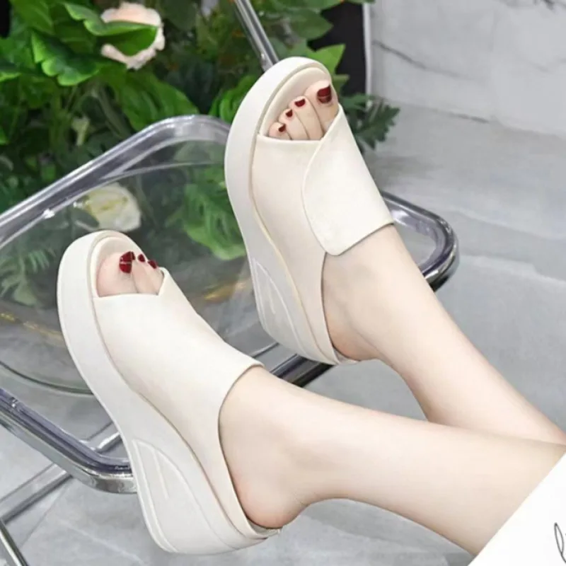 New Soft Leather High Heel Slippers platform wedge sandals Trendy Women's Footwear fish mouth shoes