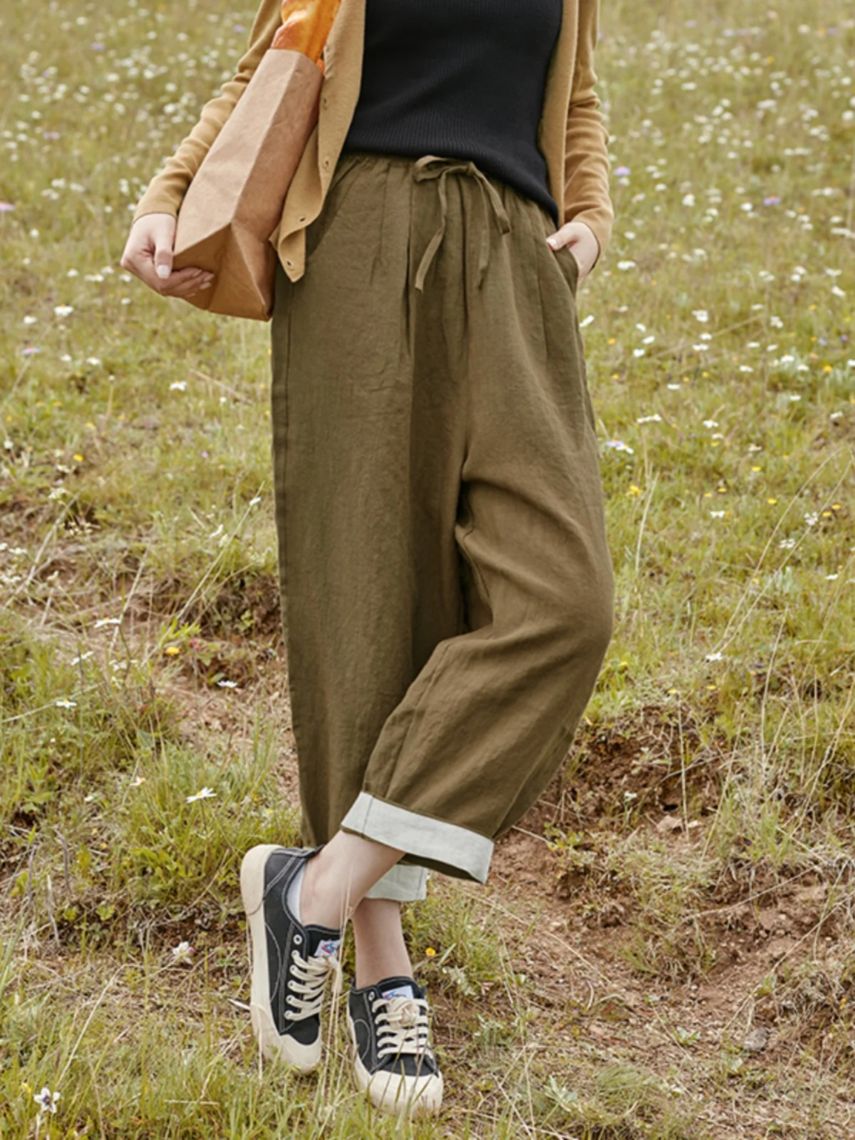 

Повседневные широкие брюки из льна с декором в стиле пэчворк, свободного кроя, стройнящие, модные, весна-осень, новые женские брюки