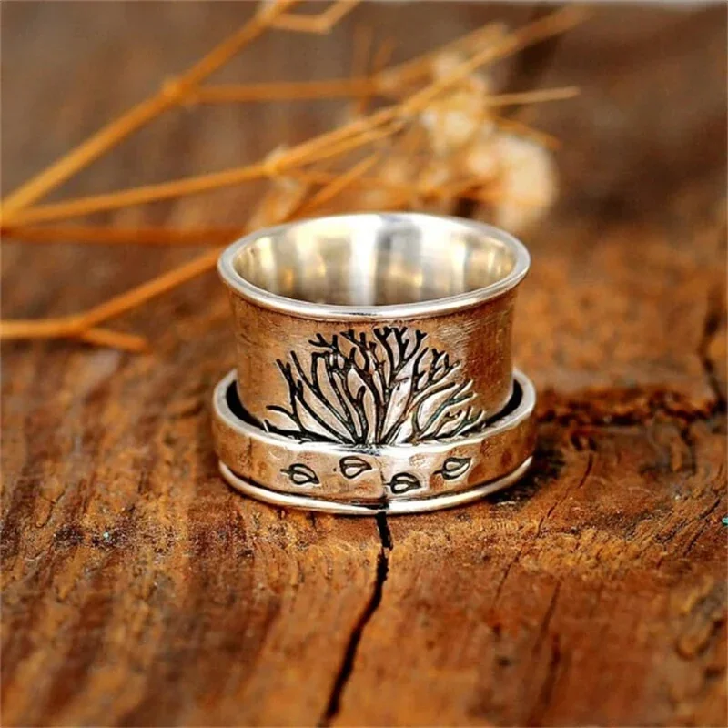 Fashion Tree Leaf Ring For Women Men Dandelion Spinner Rotatable Freely Spinning Rings Vintage Gift Ring Custom Jewelry