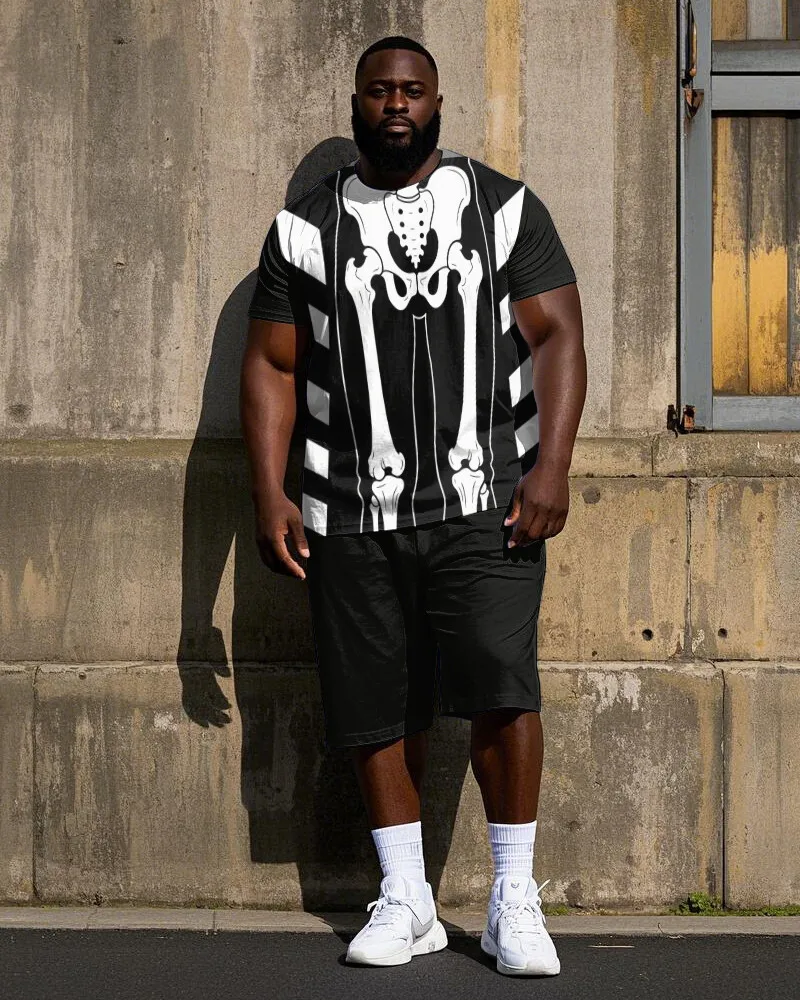 Men's Plus Size Black T-Shirt and Shorts Set with Skeleton Prints, 2 Piece Short Sleeve Styles, Casual Summer Streetwear, S-9XL