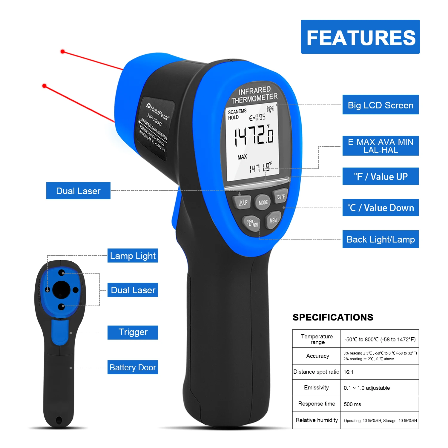 HoldPeak Non-Contact Infrared Thermometer HP-985C Convenient High Temperature Hazardous Materials Pyrometer Accurate Measurement