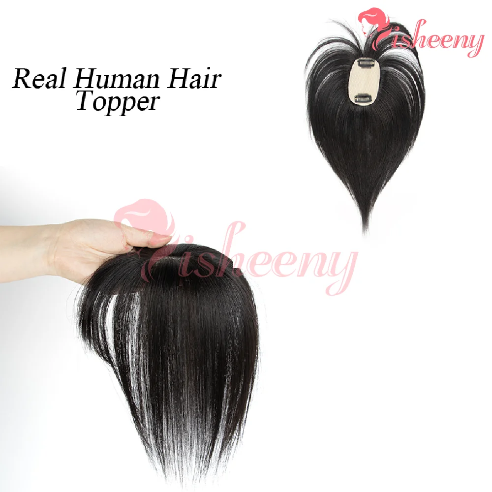 Isheeny Real Human Hair Topper Clip-In Air Bangs 5x9cm Breathable Mesh Base 20g 8-14 Inch Hair Piece for Women to Hide Bald Spot