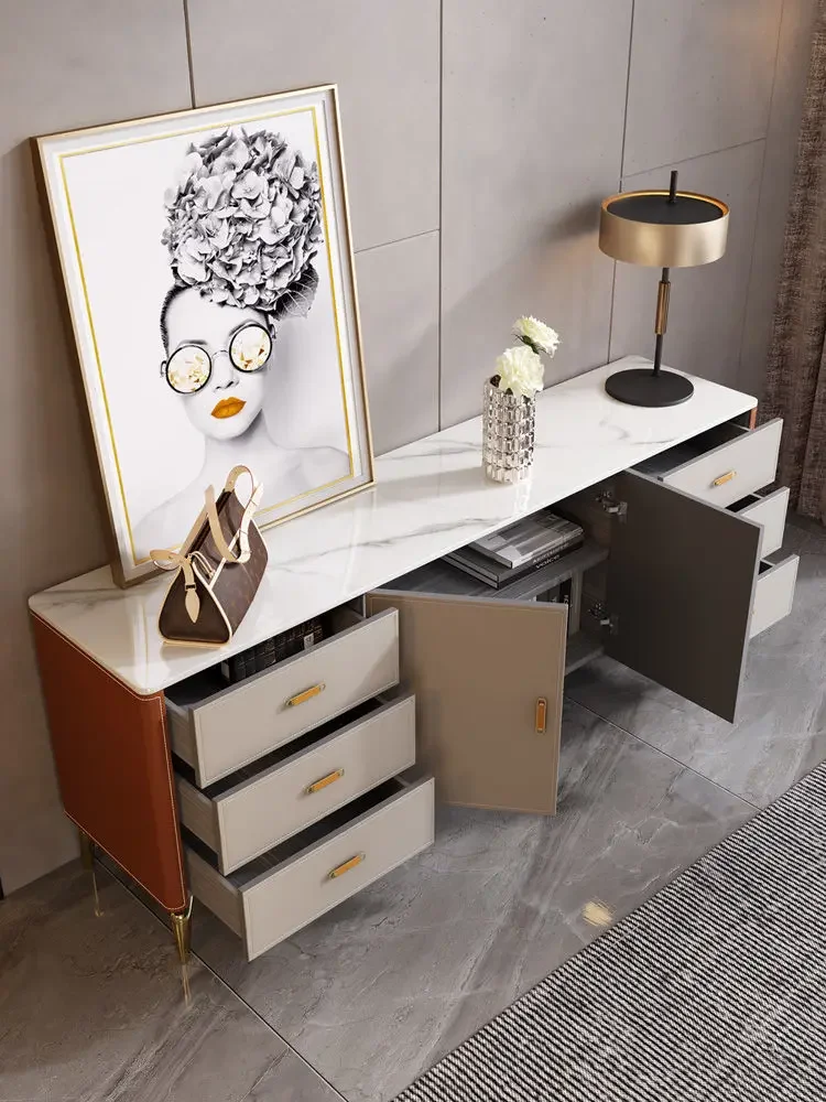 Light luxury high TV cabinet saddle leather modern household small apartment solid wood bedside storage chest bedroom TV cabinet