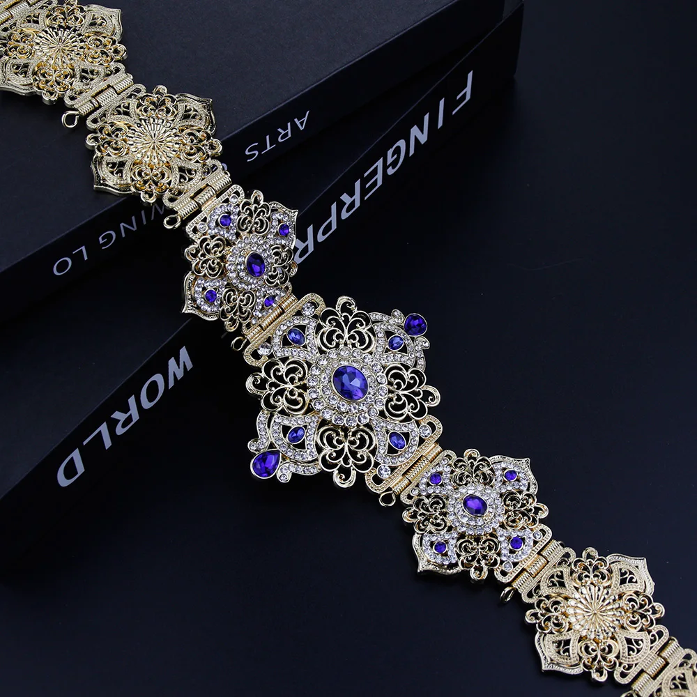 Sunspicems Gold Color Algeria Morocco Caftan Belt Blue Crystal Algeria Abaya Waist Chain For Women Arab Bride Wedding Jewelry