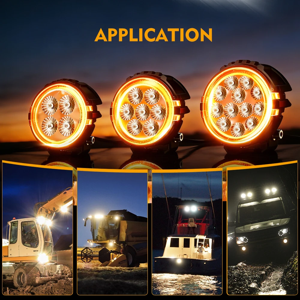 HAOLIDE 2PCS Round LED 3 4 5 Inch Flood Work Light White Lamp Amber DRL 12V 24V for Tractor ATV UTV Truck Vehicle off-road use