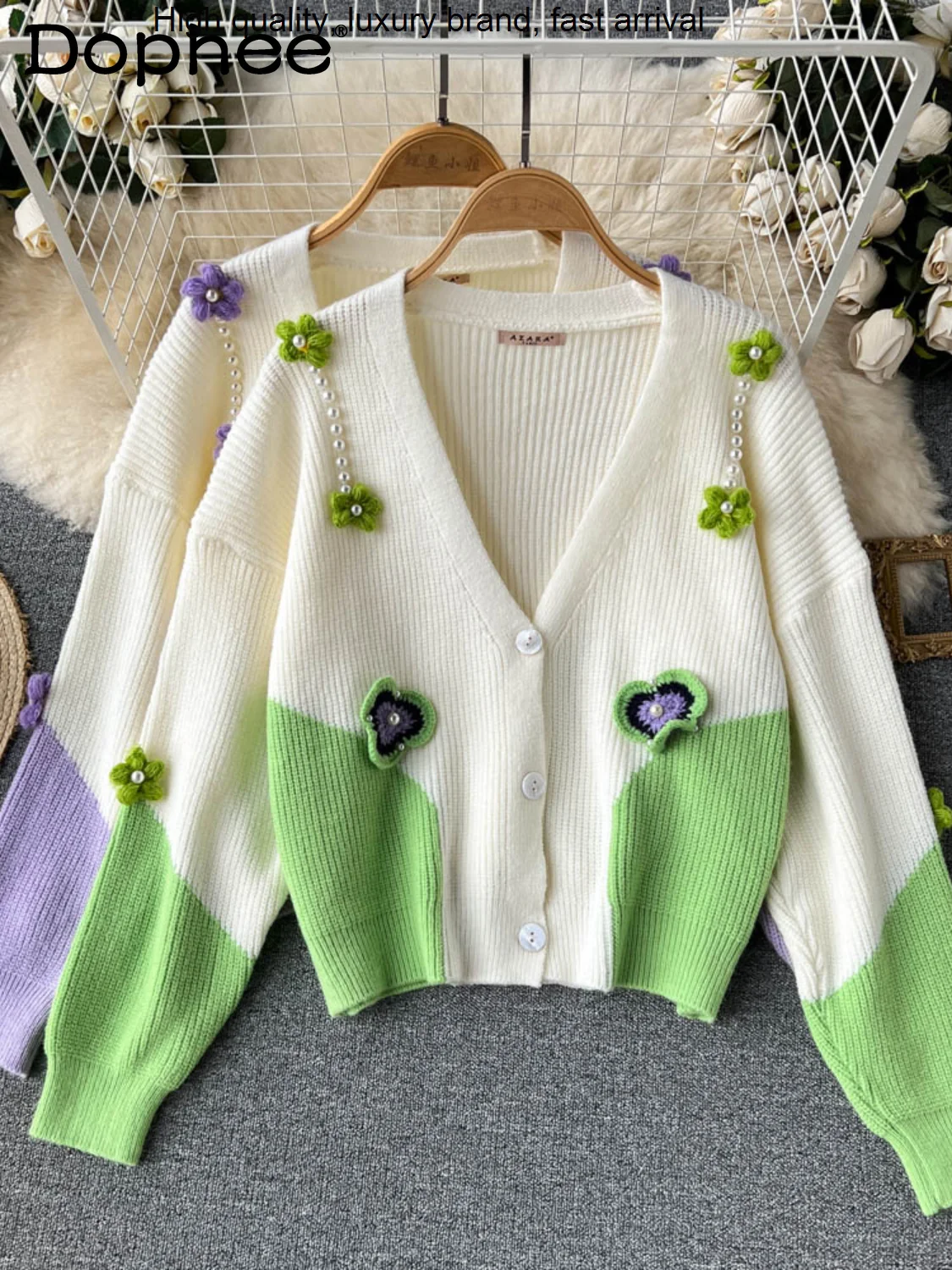 

Sweet Contrast Color Flowers Beaded V-neck Long Sleeve Knitted Cardigan Coat for Women 2023 New Fall Winter Sweater Top Jacket