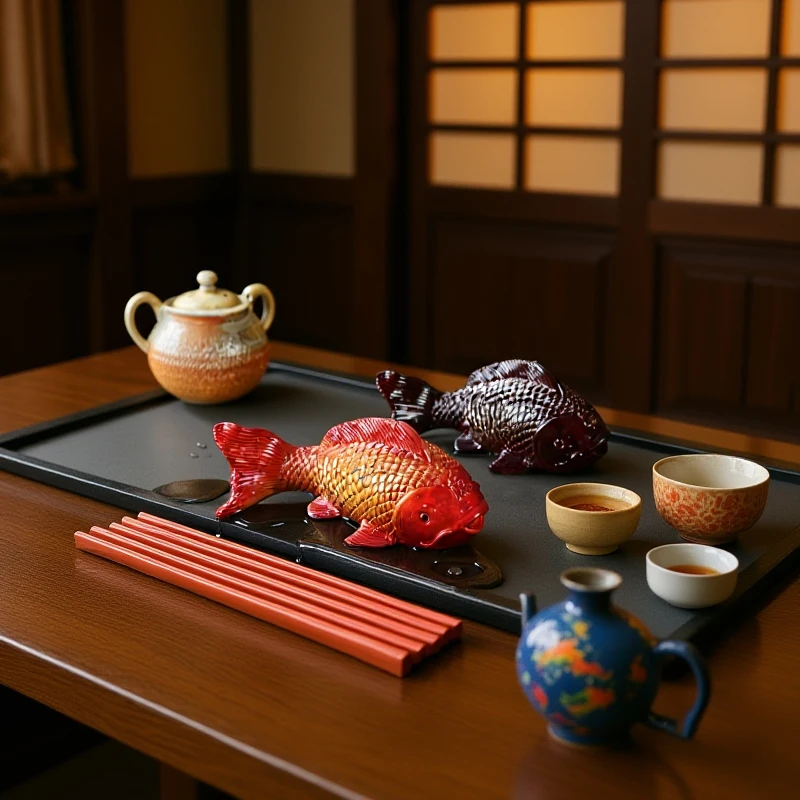 Colour-changing Koi Carp Creative Desktop Tea Table Ornaments Decorations Two Fish Report Happiness Zen Teaware Accessories