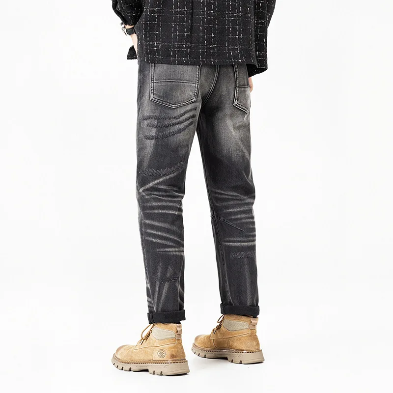 2025年秋新作 ヘビーウェイト 高級 レトロ スクラッチマークデザイン ジーンズ メンズ ノスタルジック ストレッチ ストレートパンツ