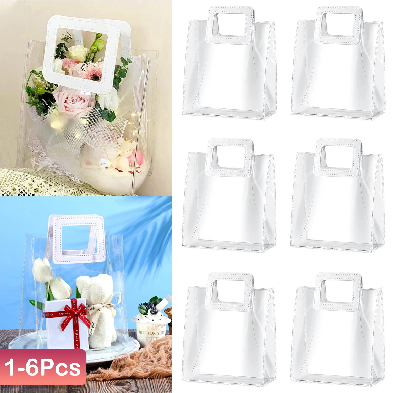 1-6 sacchetti regalo trasparenti sacchetti regalo in PVC con manici bianchi sacchetto della spesa riutilizzabile piccolo tote per bomboniere matrimonio compleanno