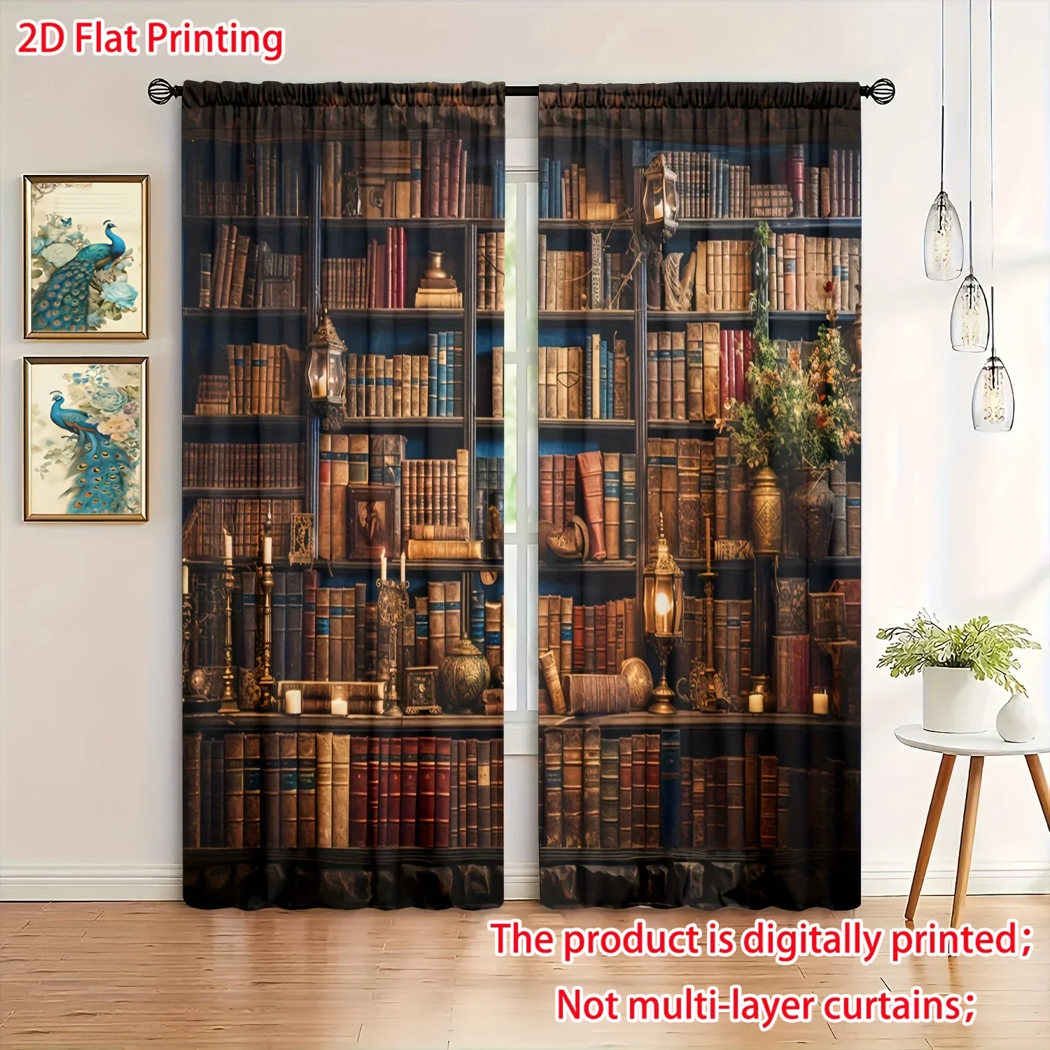 Realistic Library Bookshelf Curtains for Home Decor Digital Print Curtain Panels Window Dressing