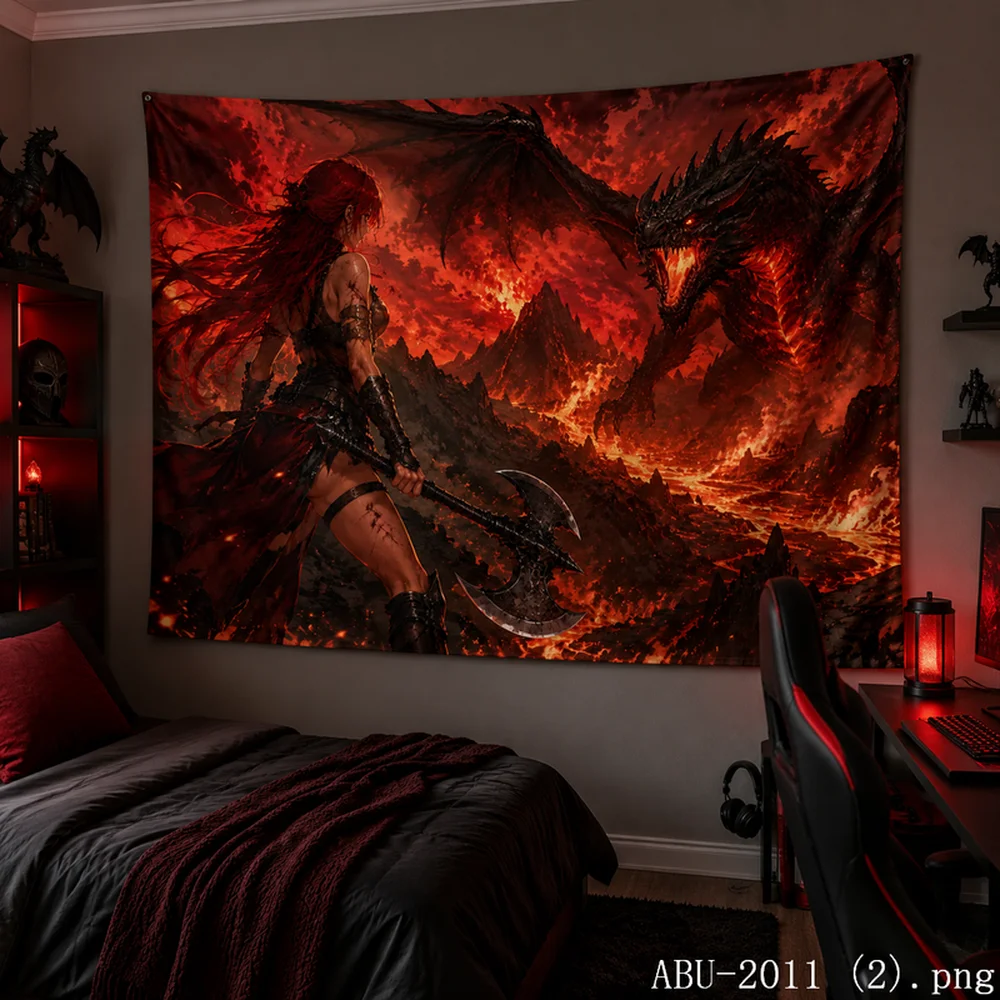 VIKAMA Lava Warrior Anime Tapestry – Fiery Red-Haired Girl with Flaming Sword, Volcanic Battlefield Wall Art for Gaming Room